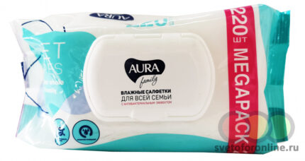 Салфетки влажные AURA FAMILY для всей семьи с крышкой 220шт